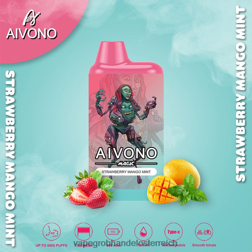 Aivono AIM MAGIC 5800 Mundbox-Zigarette Erdbeer-Mango-Minze - F0TZ6897 Vape Großhandel Österreich